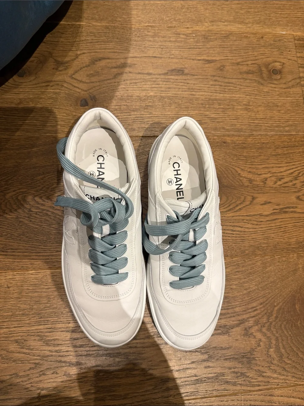 CHANEL White Leather Sneakers with Light Blue Laces